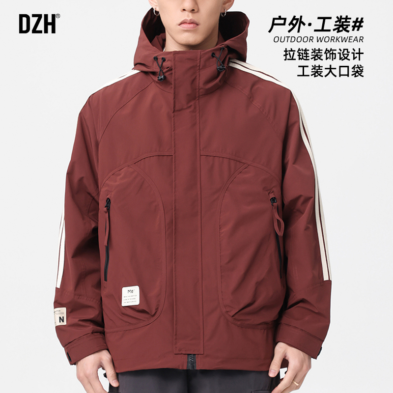 男士红色美式冲锋衣外套男款秋季宽松上衣工装夹克登山服2025新款