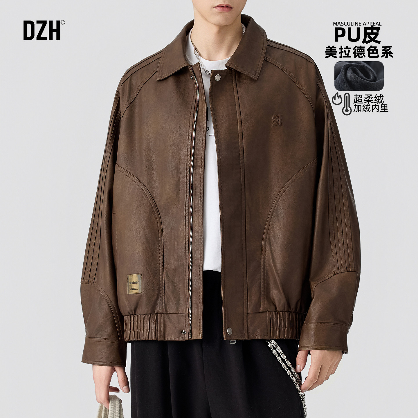 男士冬季加绒加厚休闲美式外套PU皮立领夹克男2026新款美拉德穿搭