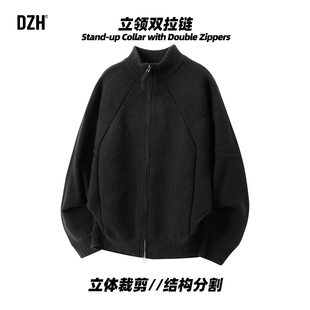 男士黑色双拉链保暖开衫针织衫男款双拉链2025新款冬季毛衣厚外套