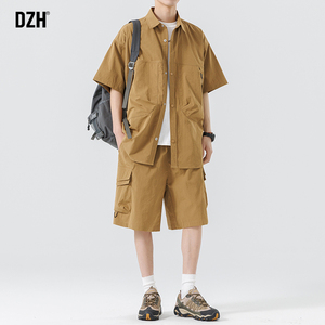 男士短袖衬衫套装男夏季潮牌宽松工装速干短裤2024新款男装一整套