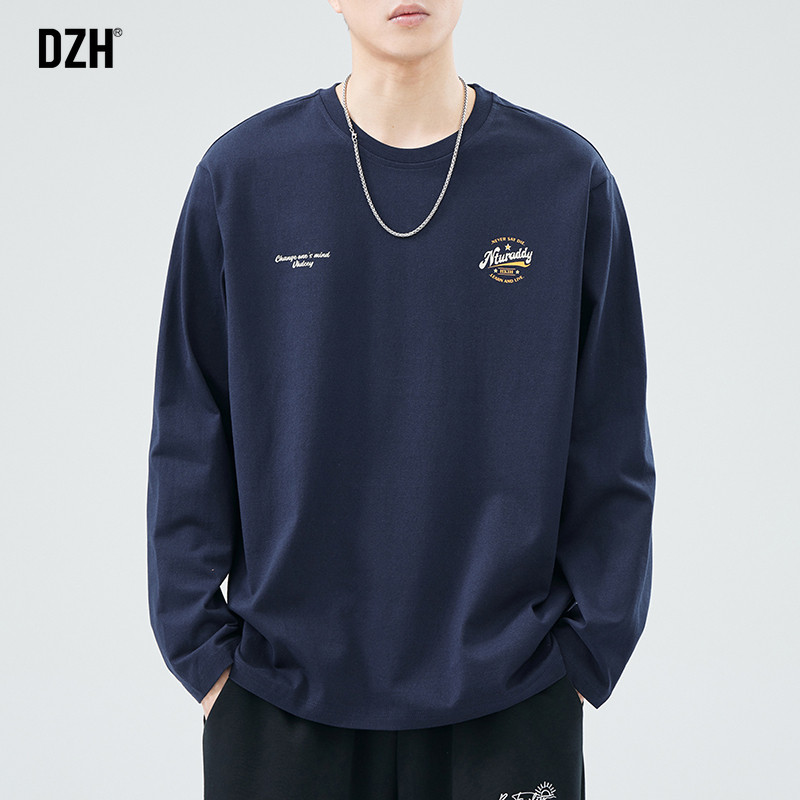 男士蓝色t恤男长袖纯棉圆领打底衫宽松上衣2026新款衣服男款内搭