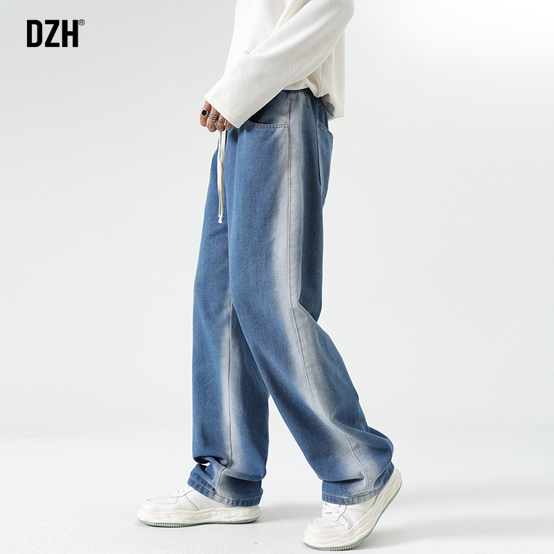 青少年蓝色松紧腰渐变牛仔裤男春秋直筒宽松2025新款阔腿裤长裤子