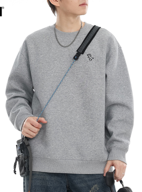 男士灰色圆领卫衣男春秋款重磅男装麻灰入秋上衣刺绣春装2025新款