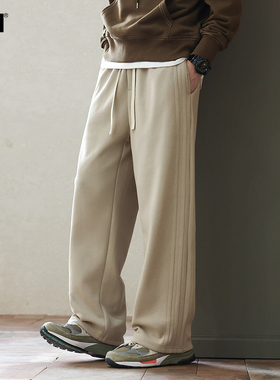 男士杏色加绒卫裤男冬季直筒宽松男裤美式运动裤长裤子加厚休闲裤