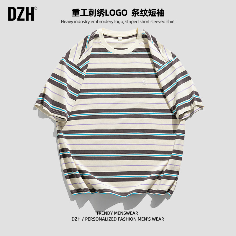 男士美式条纹t恤男夏季宽松短袖情侣装夏装半袖上衣2026新款男装