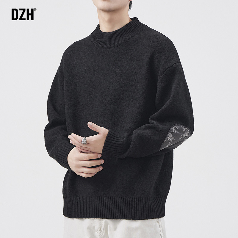 男士黑色毛衣男冬季加厚保暖针织内搭打底衫国潮男装拼接上衣长袖