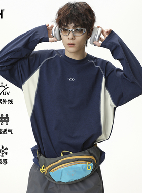 男士藏蓝色运动长袖男t恤2025新款秋季上衣打底衫宽松健身服美式