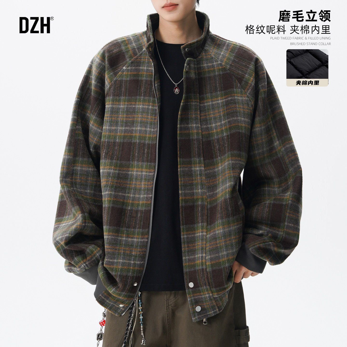 男士棉服立领夹克防风外套男撞色格纹上衣2025新款冬季开衫棉衣潮