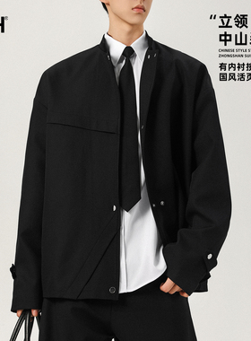 男士黑色休闲立领夹克衣服新款秋冬上衣中山装新中式国风外套男装