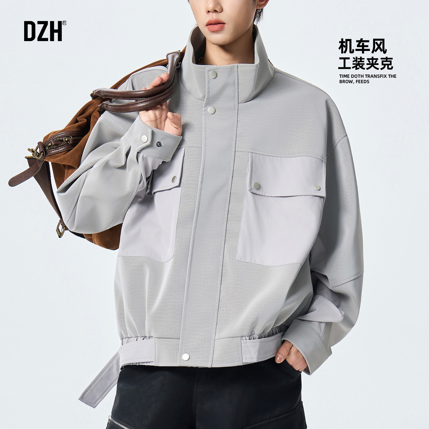 男士灰色机车夹克外套男款春季潮牌2026新款美式复古立领上衣百搭