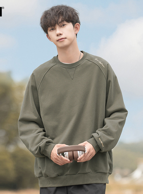 男士绿色重磅卫衣男美式潮牌秋季长袖上衣男装新款刺绣圆领t恤潮