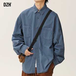 男士美式复古长袖衬衫男款秋季蓝色衬衣宽松上衣外套2025新款男装