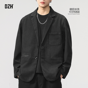 男士牛仔西服外套男款冬季加厚黑色上衣2025年新款休闲小西服潮牌