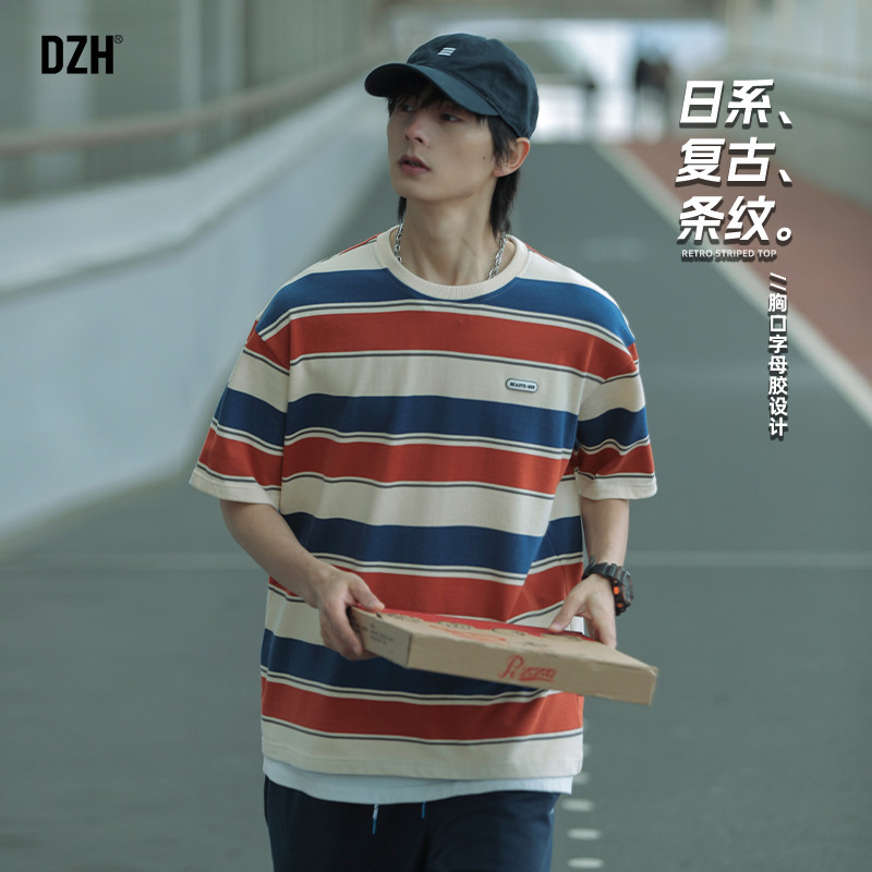 青少年日系条纹短袖男款夏季t恤五分袖半袖圆领上衣2026新款男装