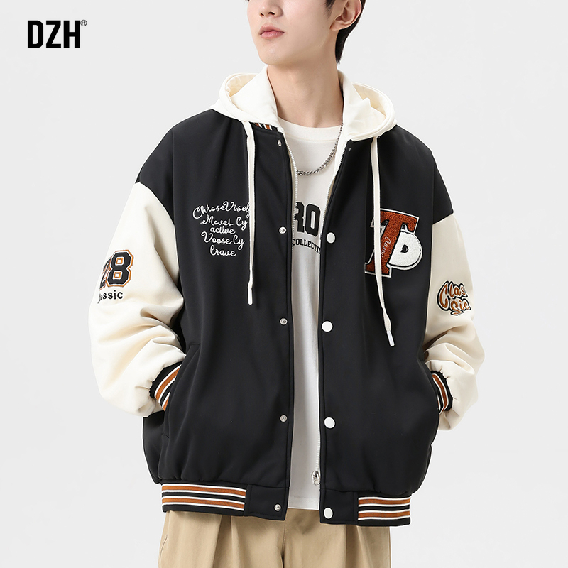 男士假两件棒球服美式夹克拼接上衣秋季2025新款连帽外套潮牌衣服