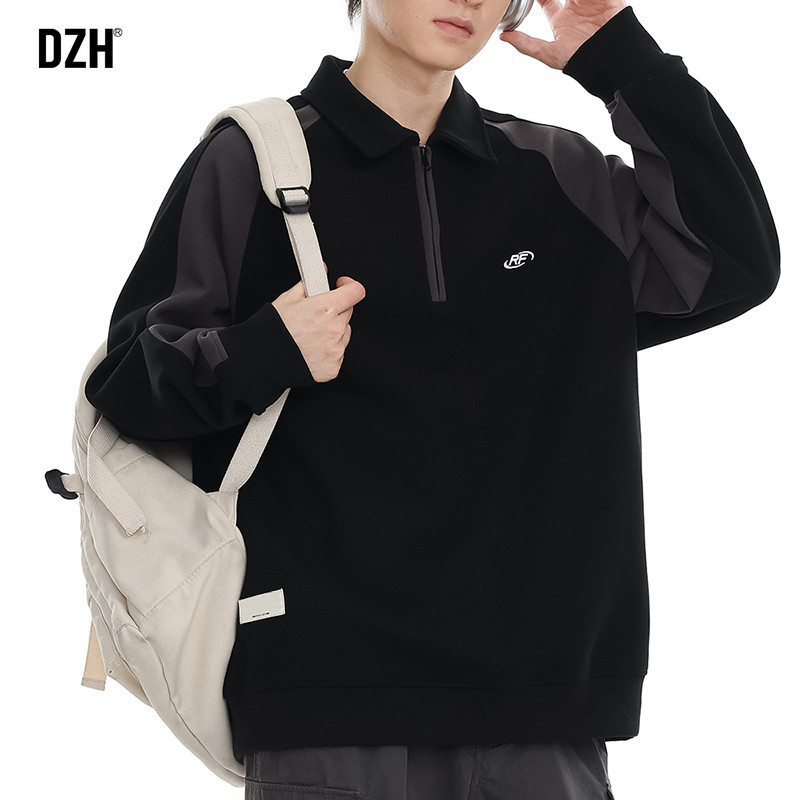 男士黑色刺绣polo衫男长袖宽松插肩袖上衣男款2026新款卫衣春秋款