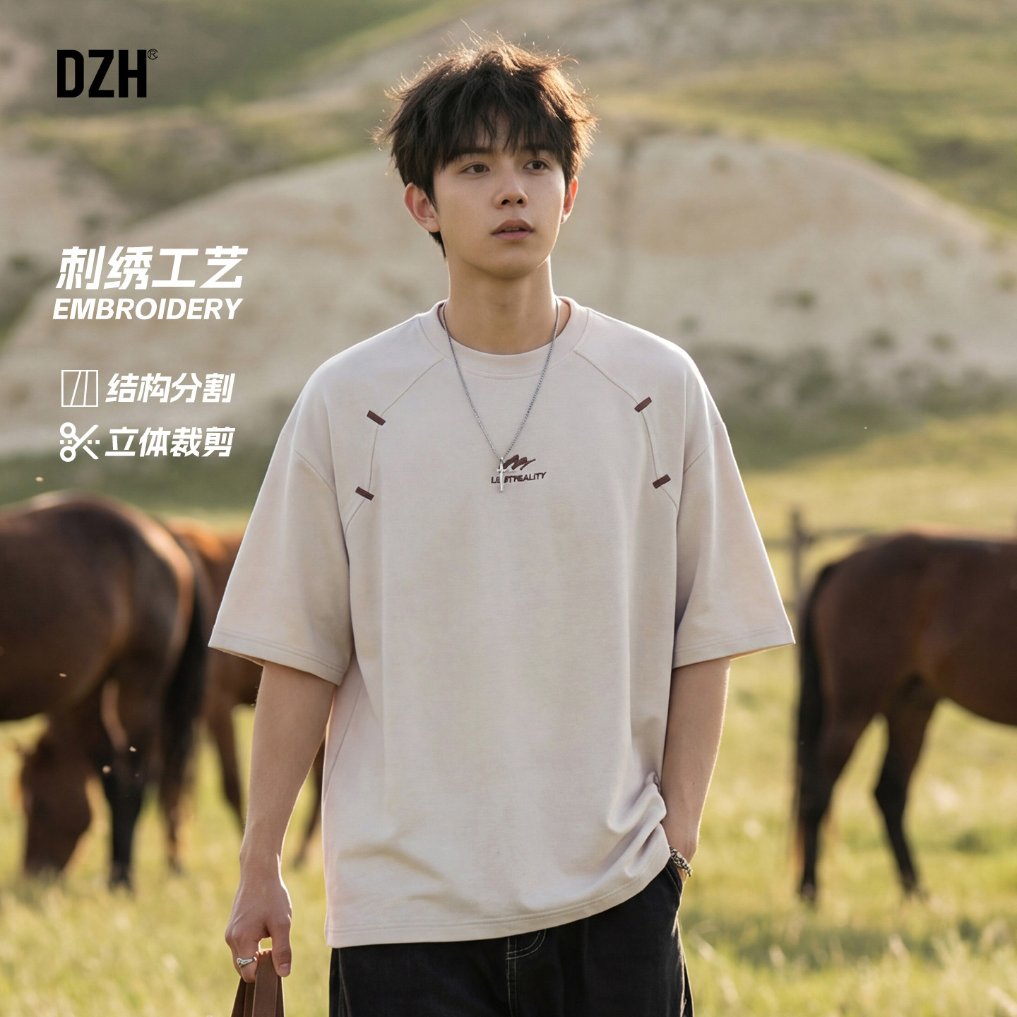 男士夏季白色美式刺绣短袖t恤男款2026年新款设计感上衣半袖外套