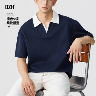 男士翻领polo衫男款痞帅高级感假两件短袖男夏季休闲V领上衣半袖