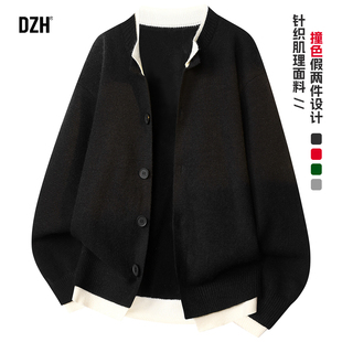 男士黑色美式毛衣男款假两件针织衫圣诞衣服冬季外套开衫2025新款