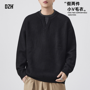 假两件上衣保暖毛线衣套头毛衫 男士 2025新款 软糯毛衣男款 黑色美式