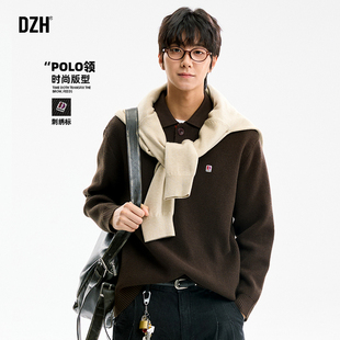 男生咖色polo领毛衣男冬季加厚潮牌2025新款翻领针织衫百搭打底衫