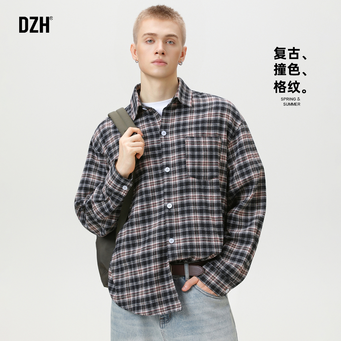 DZH翻领长袖美式复古格纹衬衫