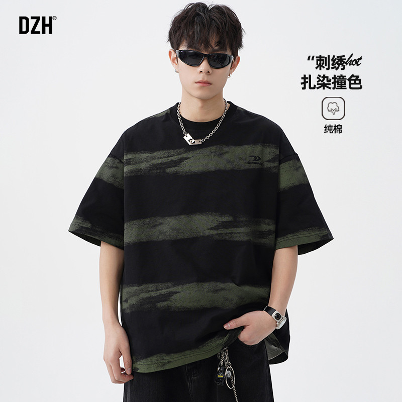 男士撞色条纹短袖男款美式刺绣t恤男2025新款夏季半袖上衣情侣装