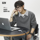 冬装 男士 翻领羊毛针织衫 衣服英伦雅痞男装 上衣 假两件灰色毛衣冬季