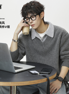 男士假两件灰色毛衣冬季衣服英伦雅痞男装翻领羊毛针织衫冬装上衣