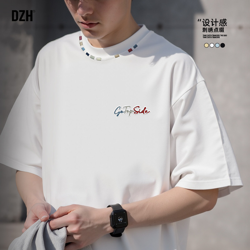 男士美式刺绣t恤男纯棉夏季潮牌2025新款白色短袖男款半袖上衣潮