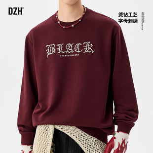 青少年烫钻红色卫衣男款2025新款秋季美式高街上衣字母刺绣外套男