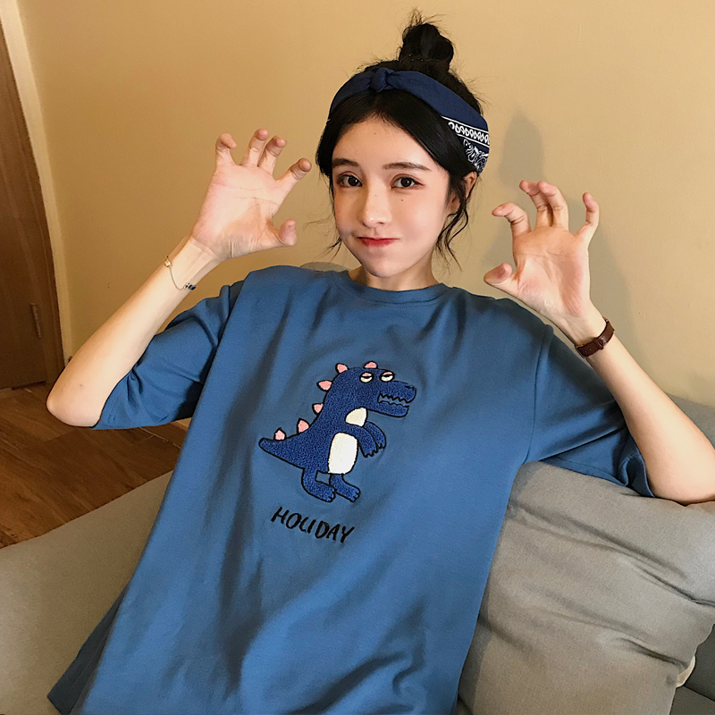 實拍短袖恤女寬鬆卡通字母繡花