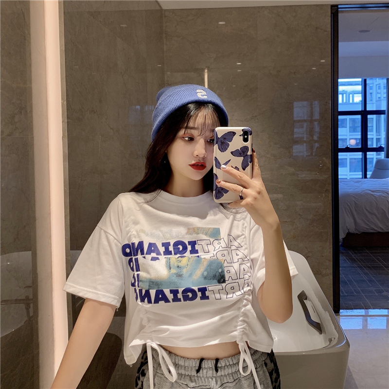 Real price cotton short sleeve T-shirt women's Drawstring