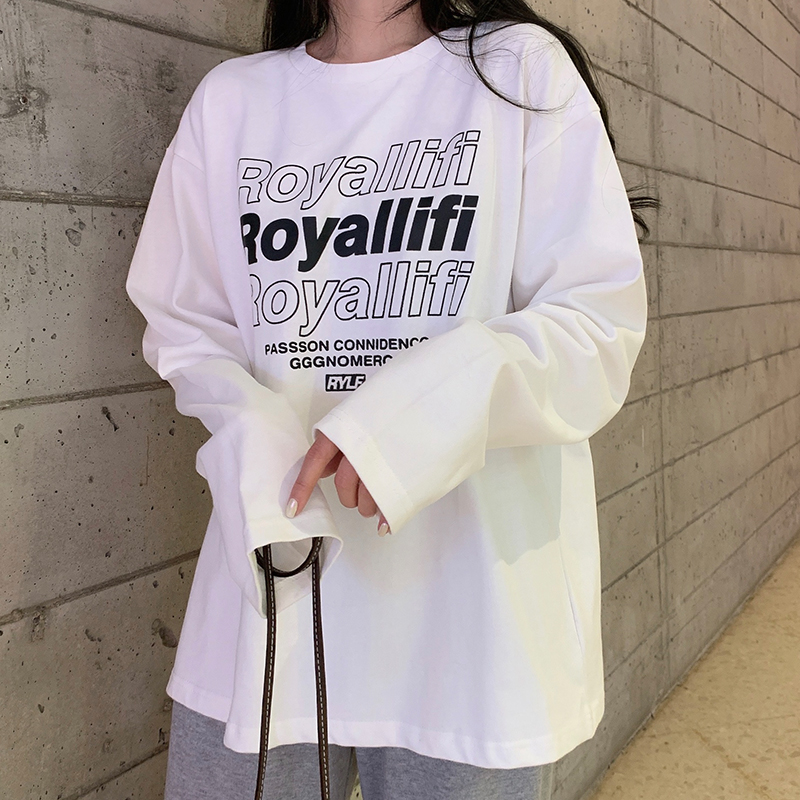 Real shot Cotton Long Sleeve T-Shirt women's loose round neck letter printed medium length top