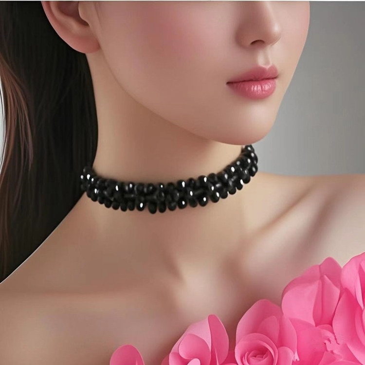 黑白色水晶配饰绑带颈链原创设计