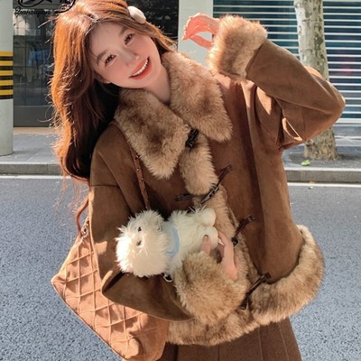 复古毛毛拼接麂皮绒外套女2024秋