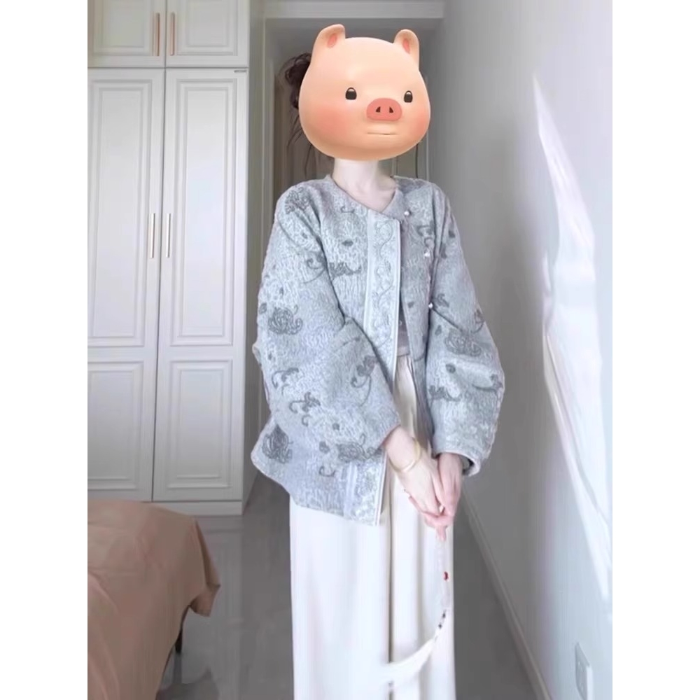 新中式国风灰蓝色外套女春秋季大码胖mm宽松高级独特刺绣圆领上衣