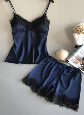 跨境女式性感睡衣诱惑内衣印花深v蕾丝吊带裙短裤吊带居家服套装