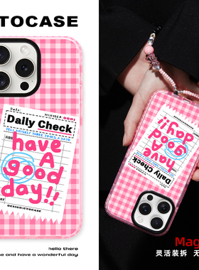 原创【标签格纹开心】短挂绳适用苹果手机壳iphone16透粉磁吸充电13手腕14PM防摔15promax壳2025magsafe12壳
