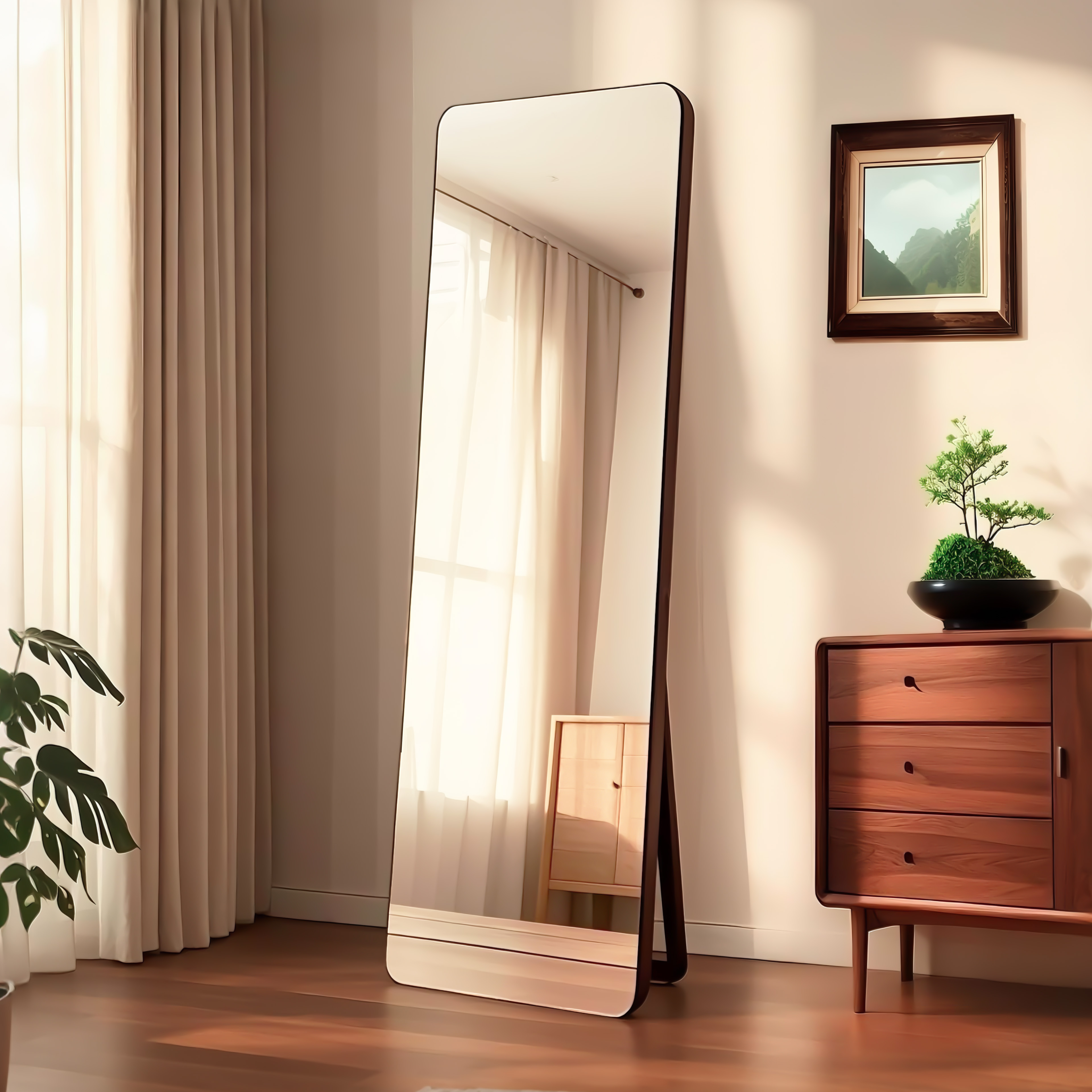 中古风钢化玻璃穿衣镜全身落地镜子家用卧室实木挂墙试衣镜壁挂式