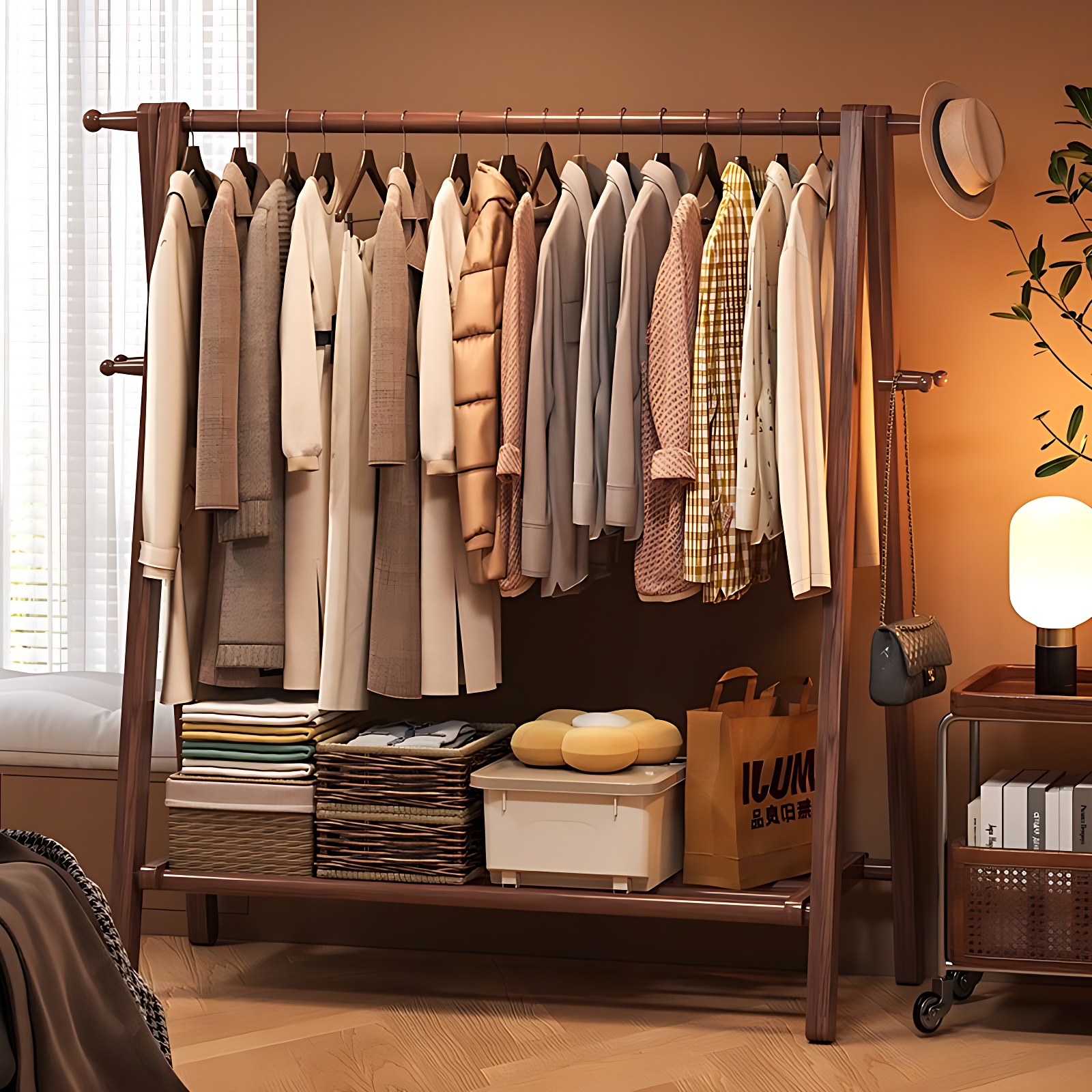 美拉德实木挂衣架落地卧室衣帽架