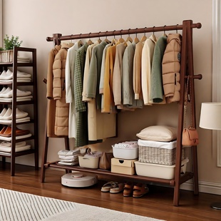 全榉木挂衣架落地黑胡桃实木衣帽架家用卧室放脱下的衣服置物架子