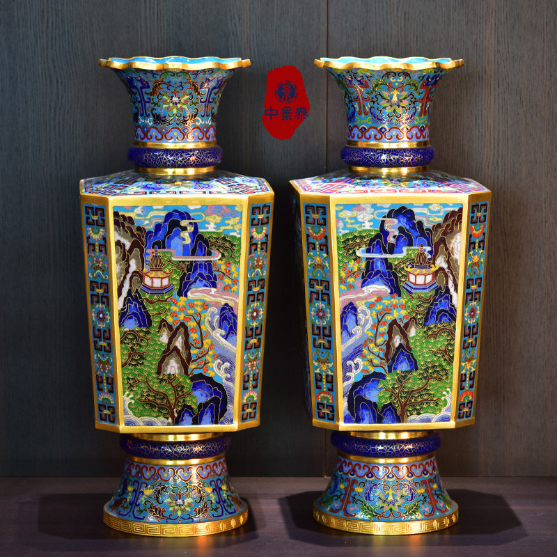 北京铜珐琅景泰蓝花瓶纯手工异形胎山水八方瓶精品宫廷风家装摆件