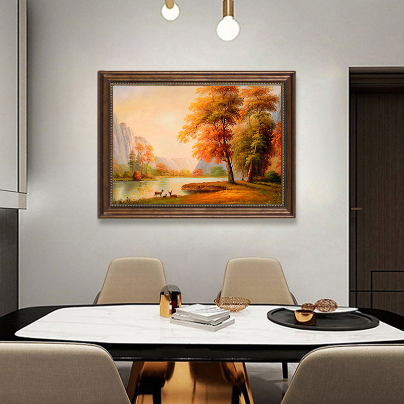 美式餐厅装饰画高级感仿油画山水风景挂画欧式客厅背景墙复古壁画