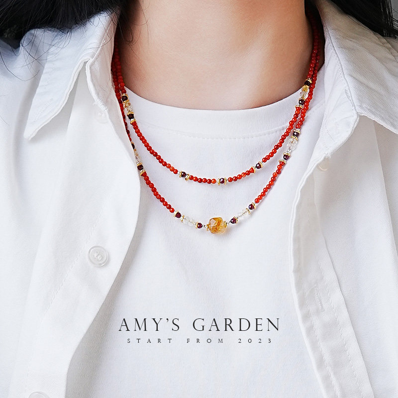amys garden南红玛瑙项链女款双层叠戴红色锁骨链七夕送女友礼物