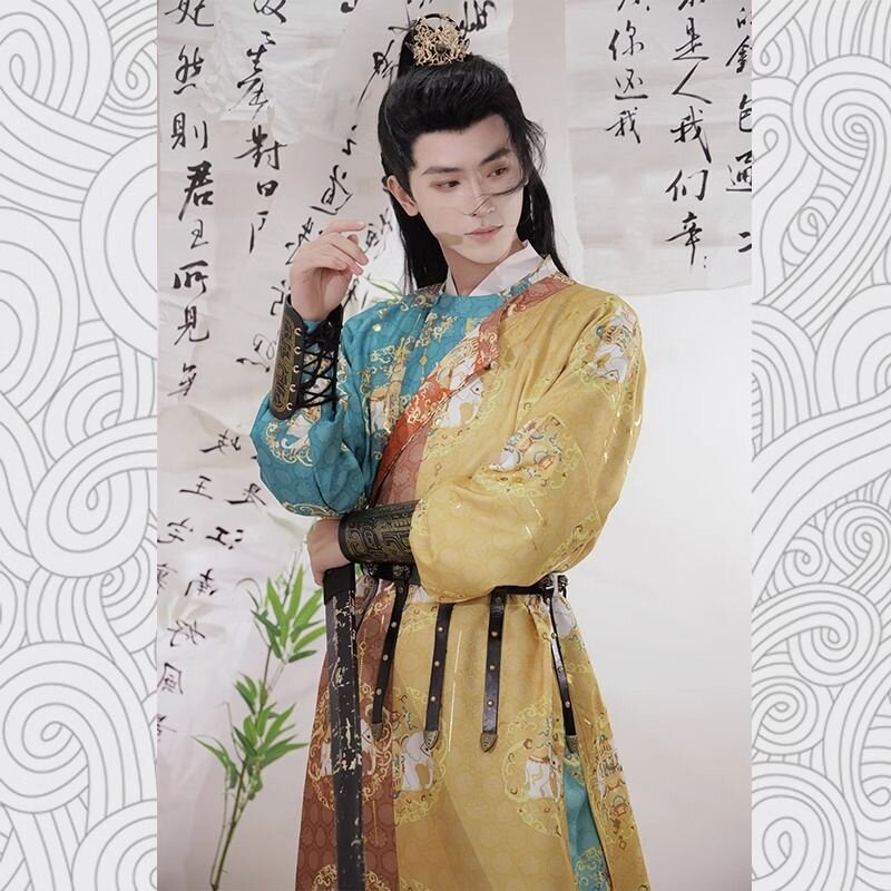 原创汉服男款拼色敦煌唐圆领烫金印花中国风侠客帅气武侠客非古装