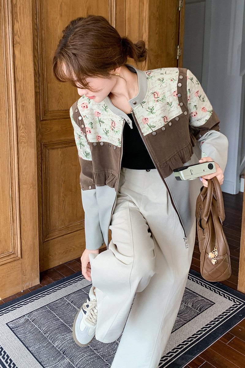 复古碎花拼接小香风短外套女2025秋季新款独特别致小个子立领夹克,女装短外套,2C066