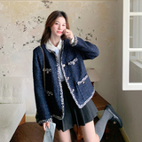 藏青色名媛小香风外套女2025秋季新款韩系复古气质显瘦粗花呢上衣，女装短外套，2C066