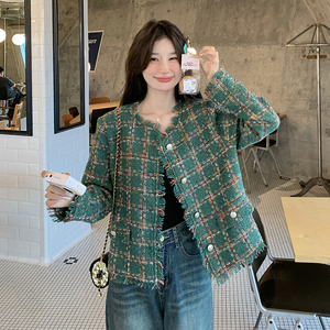 绿色格纹粗花呢小香风外套女秋季2025新款韩版气质显瘦显高短上衣图片