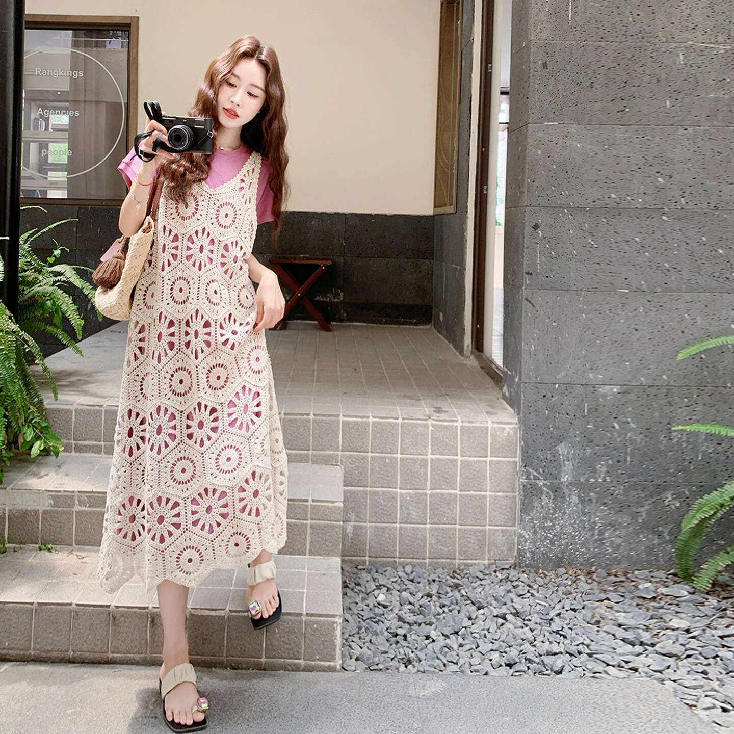 多巴胺绝美粉色连衣裙女2025夏季减龄叠穿蕾丝镂空吊带长裙两件套,女装套装/套裙,2C066